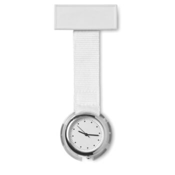 White analogue nurses watch with a round clock face, attached to a white polyester strap and a rectangular plastic tag for printing.