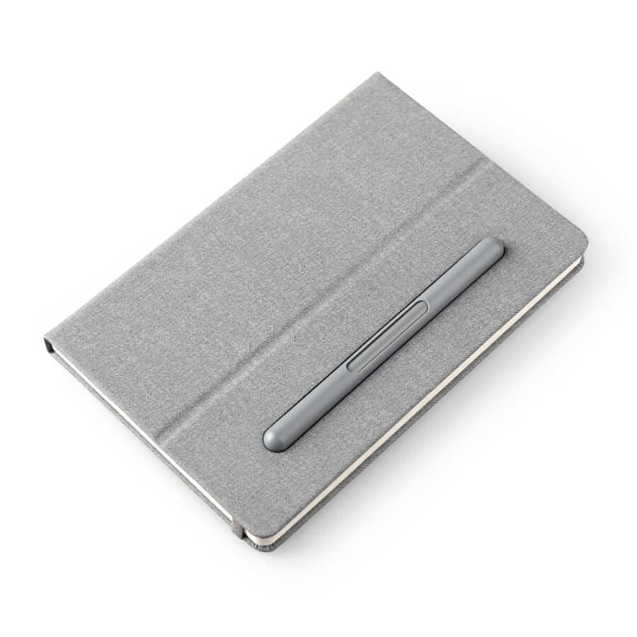 Outside of grey notebook with writing option