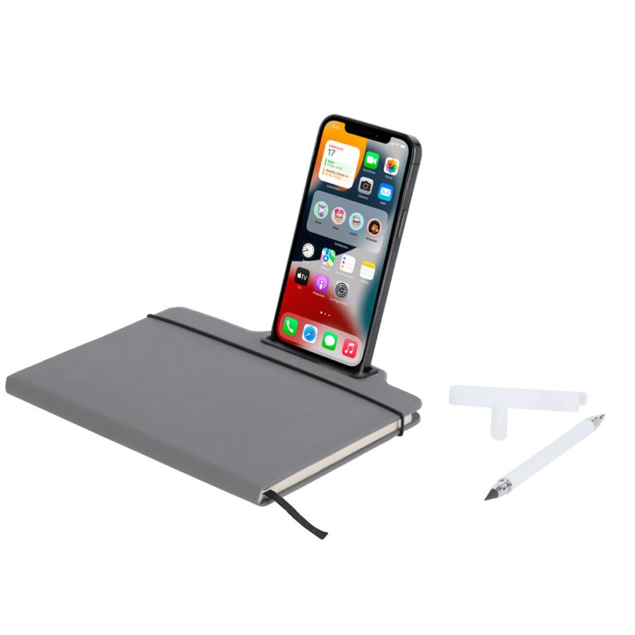 notebook with smartphone holder showing how it holds the smartohone