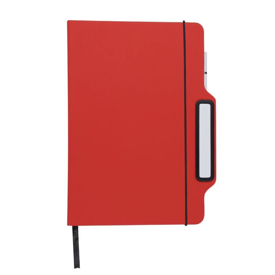 Red notebook with smartphone holder