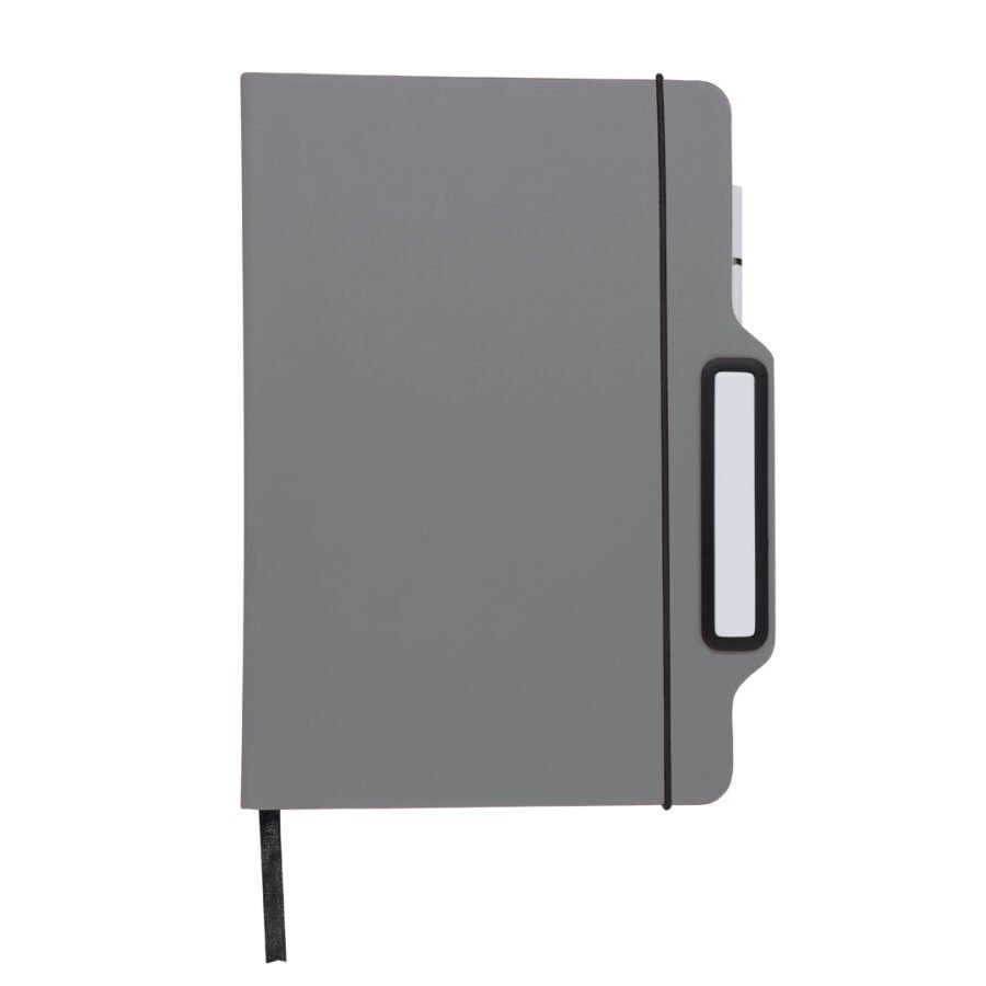 Grey notebook with smartphone holder